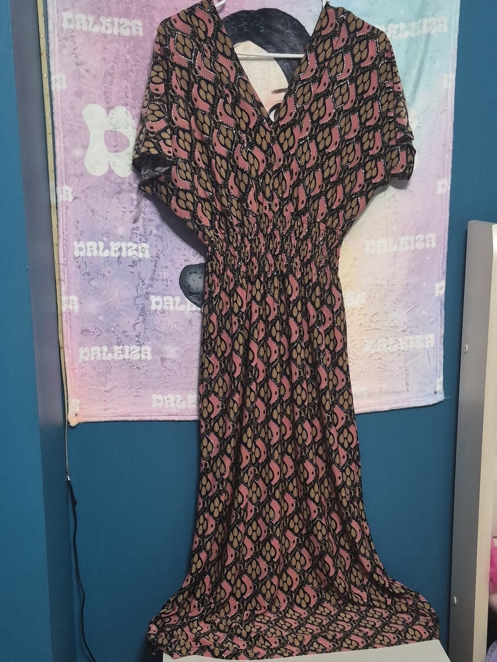 Smocked Waist Pink and Black Maxi Dress with V-Neck